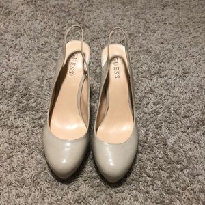 Guess nude sling back roughly 4” patent leather looking heels, size 10